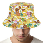 Yellow Camo And Hibiscus Flower Print Bucket Hat