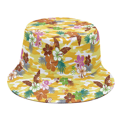 Yellow Camo And Hibiscus Flower Print Bucket Hat
