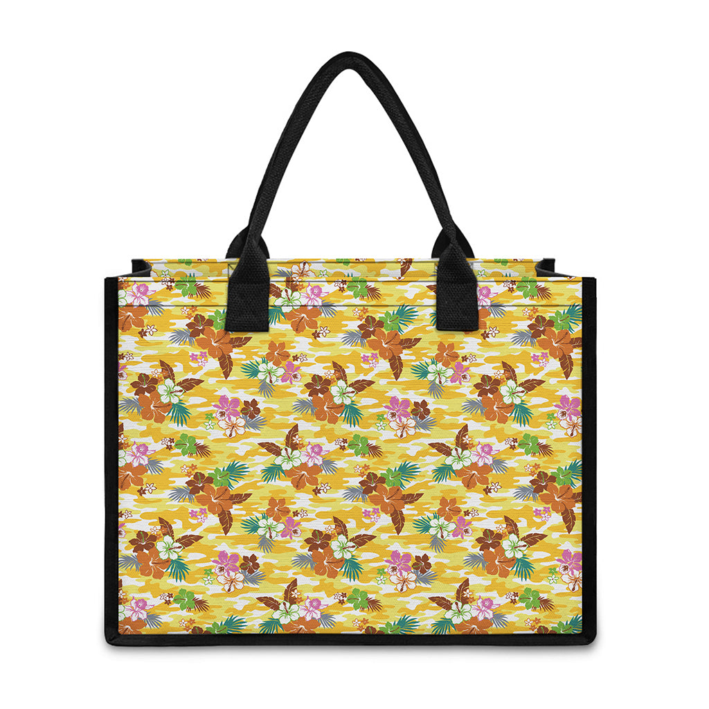 Yellow Camo And Hibiscus Flower Print Canvas Tote Bag