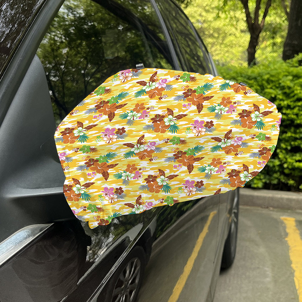 Yellow Camo And Hibiscus Flower Print Car Side Mirror Covers