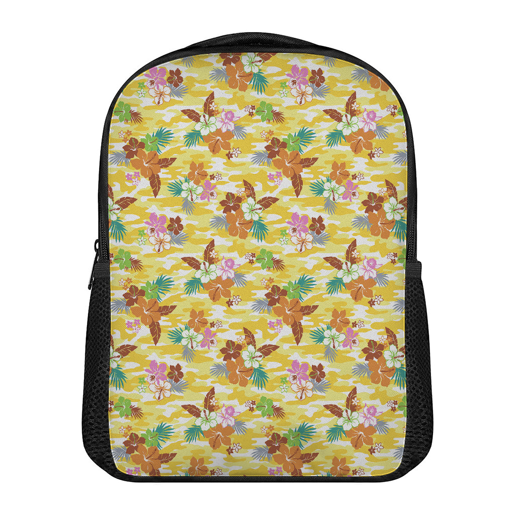Yellow Camo And Hibiscus Flower Print Casual Backpack