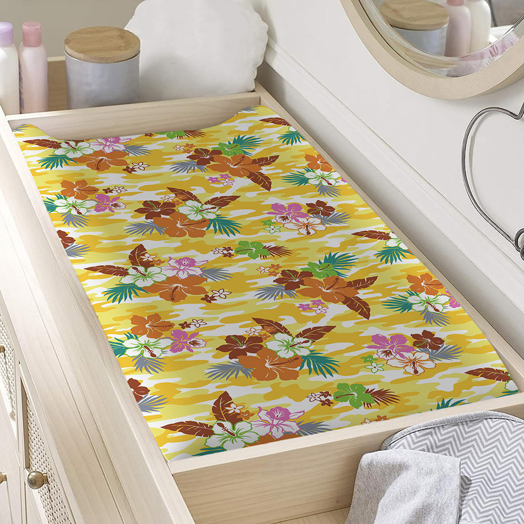 Yellow Camo And Hibiscus Flower Print Changing Pad Cover