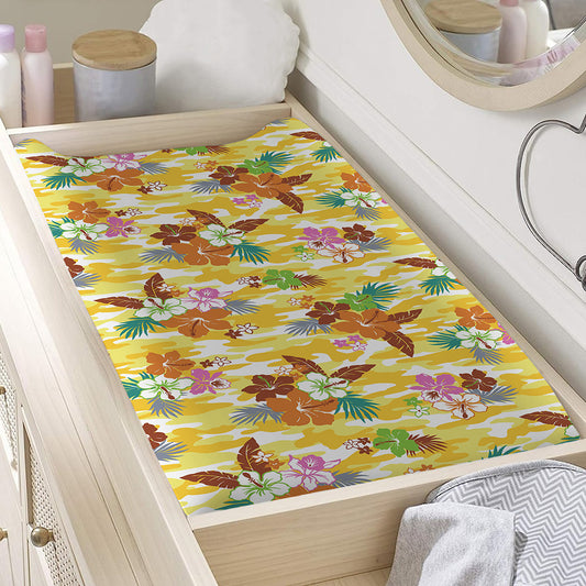 Yellow Camo And Hibiscus Flower Print Changing Pad Cover
