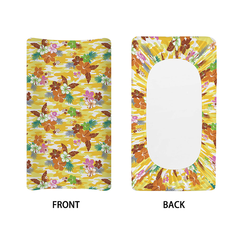 Yellow Camo And Hibiscus Flower Print Changing Pad Cover