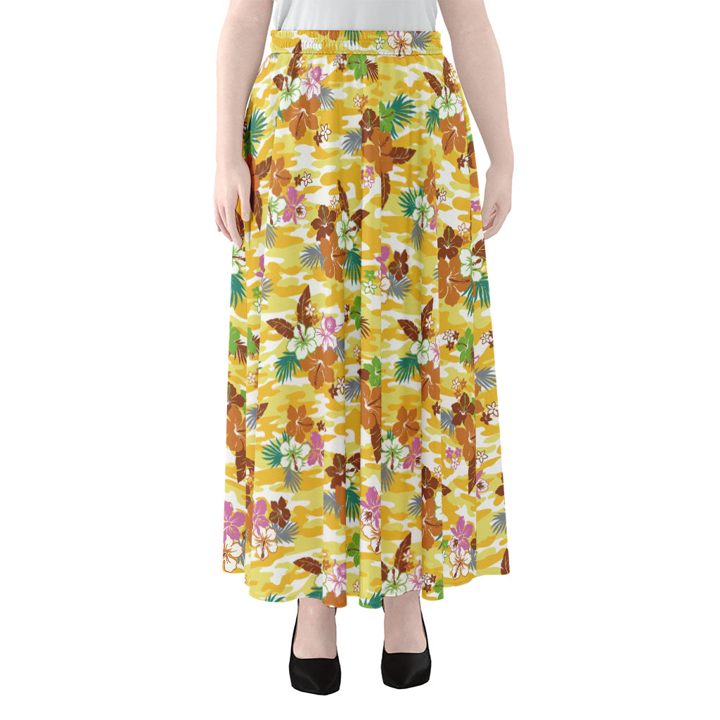 Yellow Camo And Hibiscus Flower Print Chiffon Maxi Skirt