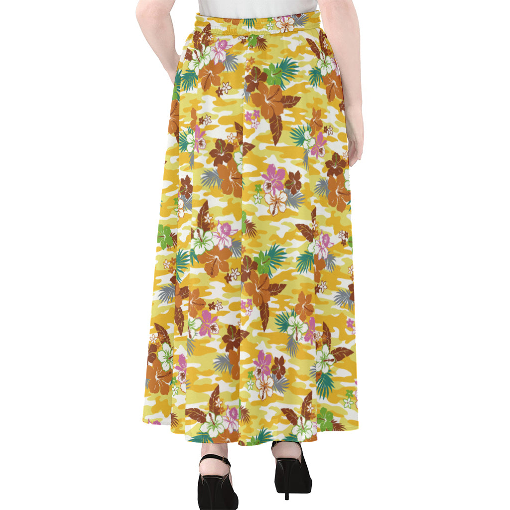 Yellow Camo And Hibiscus Flower Print Chiffon Maxi Skirt
