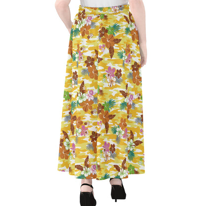 Yellow Camo And Hibiscus Flower Print Chiffon Maxi Skirt