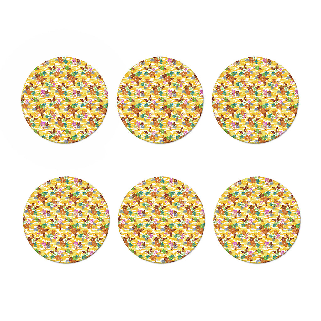 Yellow Camo And Hibiscus Flower Print Coaster Set