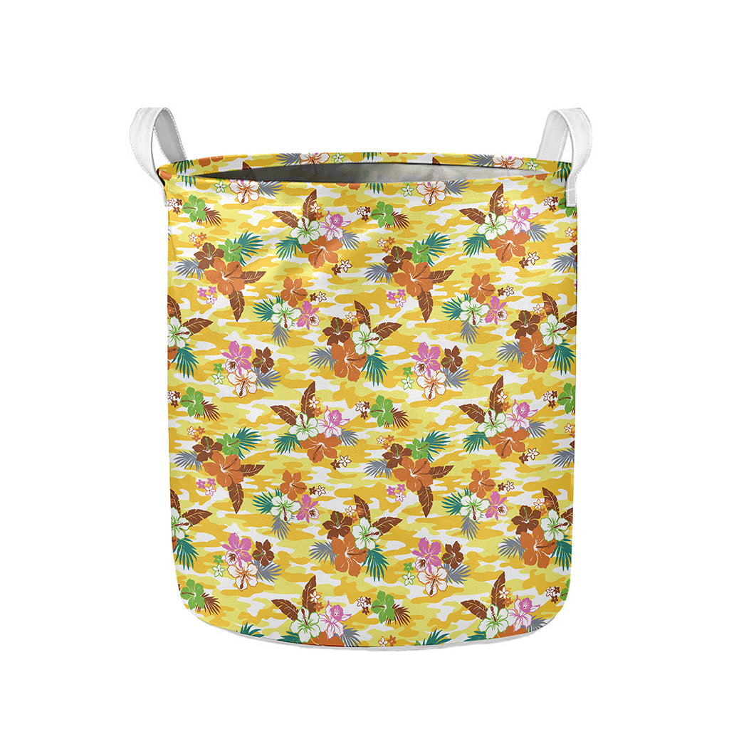 Yellow Camo And Hibiscus Flower Print Collapsible Laundry Basket