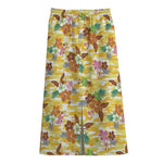 Yellow Camo And Hibiscus Flower Print Cotton Front Slit Maxi Skirt