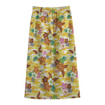 Yellow Camo And Hibiscus Flower Print Cotton Front Slit Maxi Skirt
