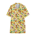 Yellow Camo And Hibiscus Flower Print Cotton Hawaiian Shirt