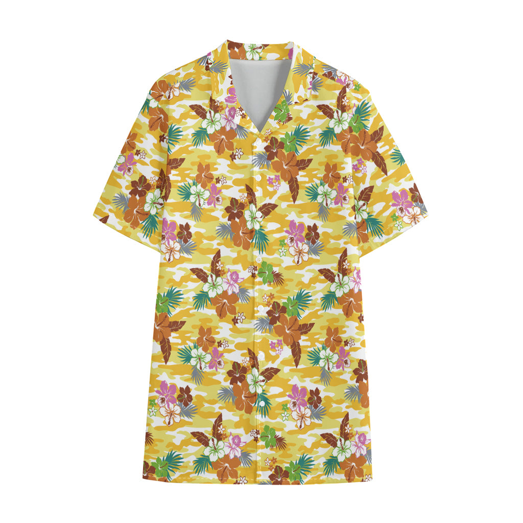 Yellow Camo And Hibiscus Flower Print Cotton Hawaiian Shirt
