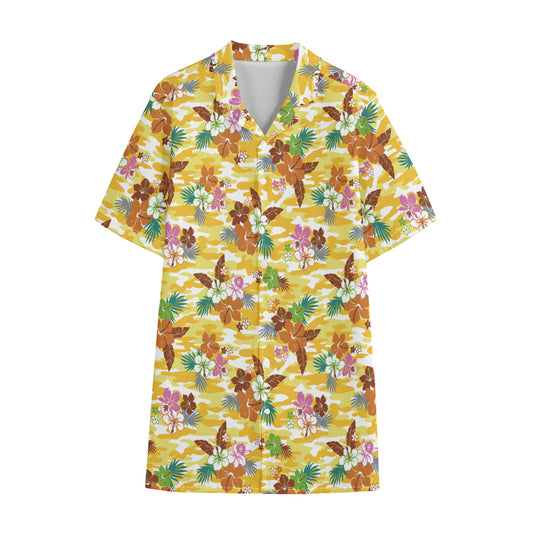 Yellow Camo And Hibiscus Flower Print Cotton Hawaiian Shirt