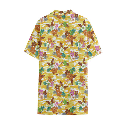 Yellow Camo And Hibiscus Flower Print Cotton Hawaiian Shirt