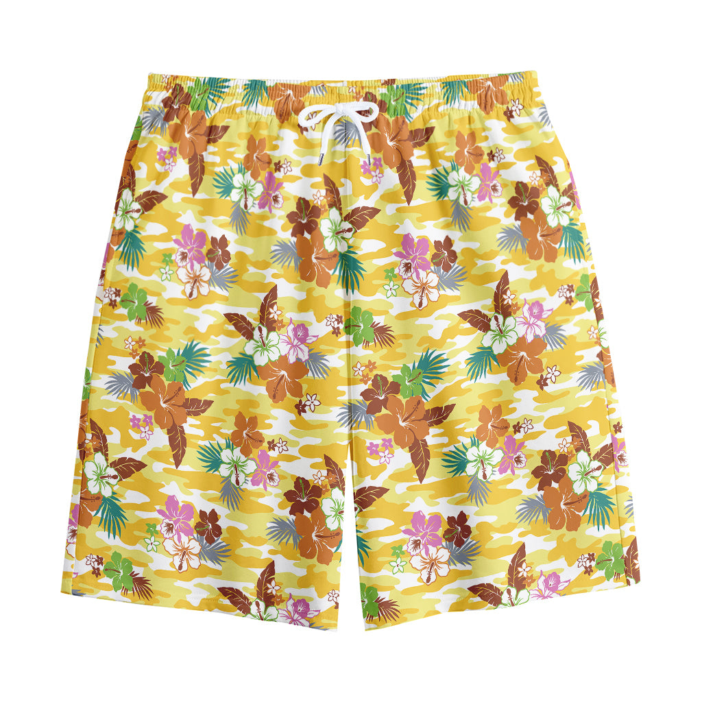 Yellow Camo And Hibiscus Flower Print Cotton Shorts