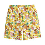 Yellow Camo And Hibiscus Flower Print Cotton Shorts