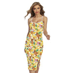 Yellow Camo And Hibiscus Flower Print Cross Back Cami Dress