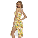 Yellow Camo And Hibiscus Flower Print Cross Back Cami Dress