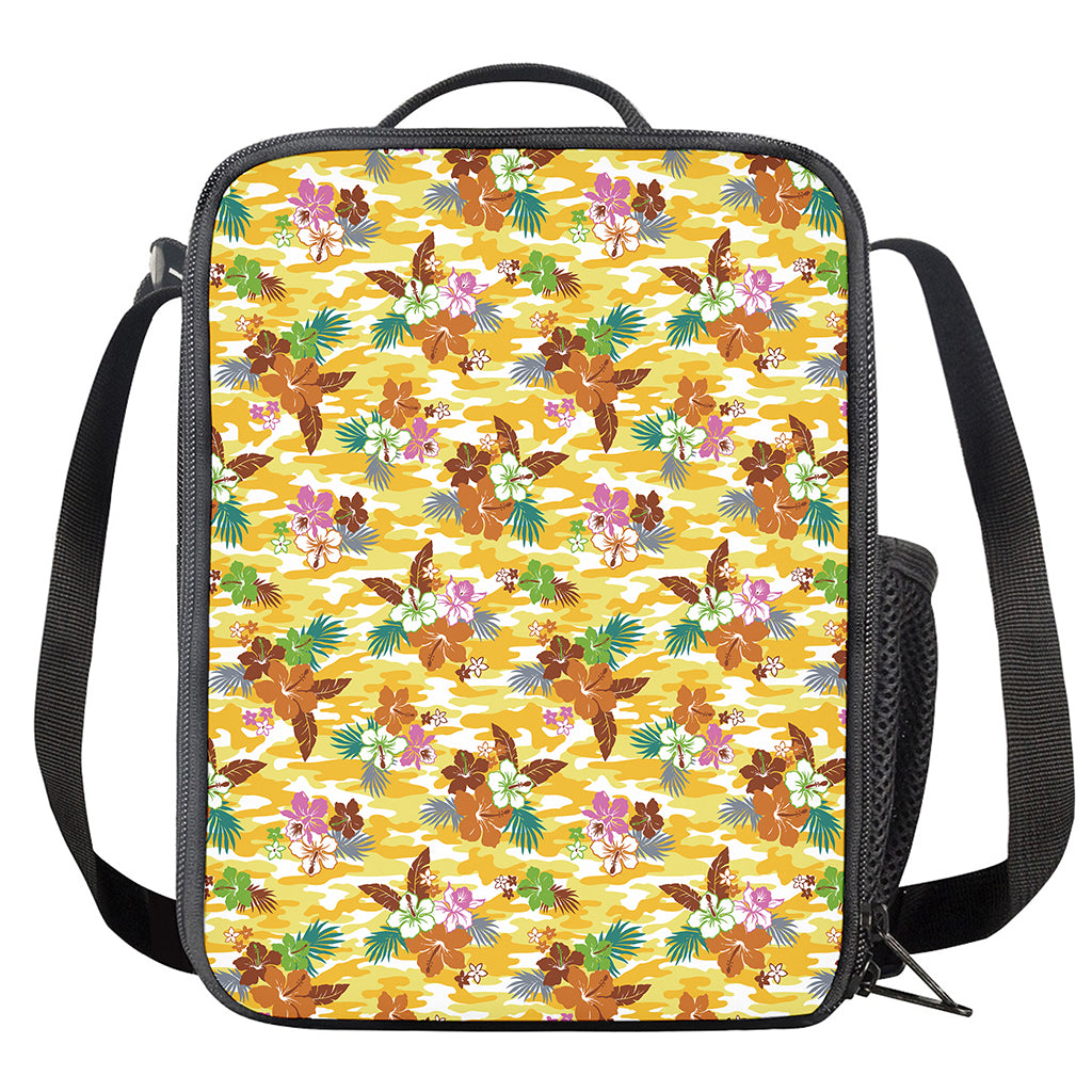 Yellow Camo And Hibiscus Flower Print Crossbody Lunch Bag