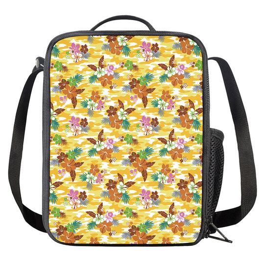 Yellow Camo And Hibiscus Flower Print Crossbody Lunch Bag