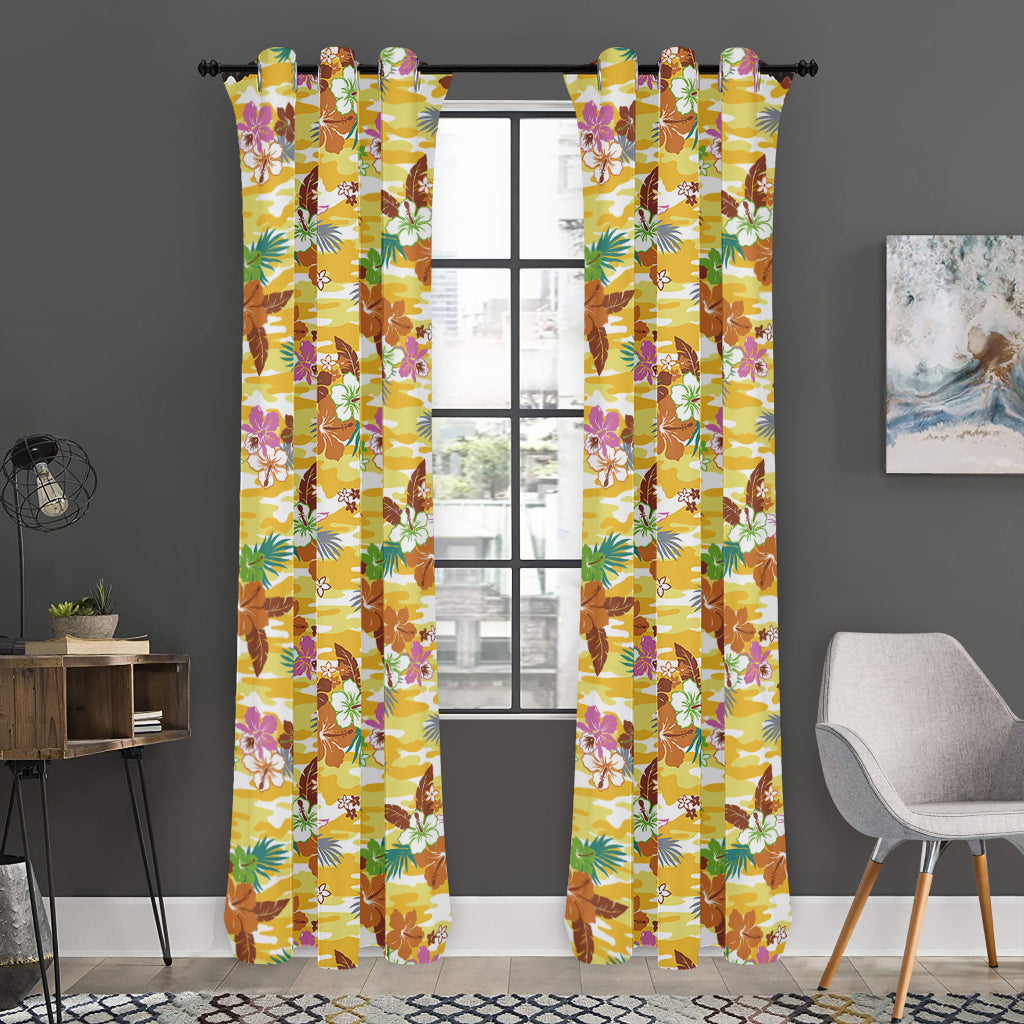 Yellow Camo And Hibiscus Flower Print Curtain