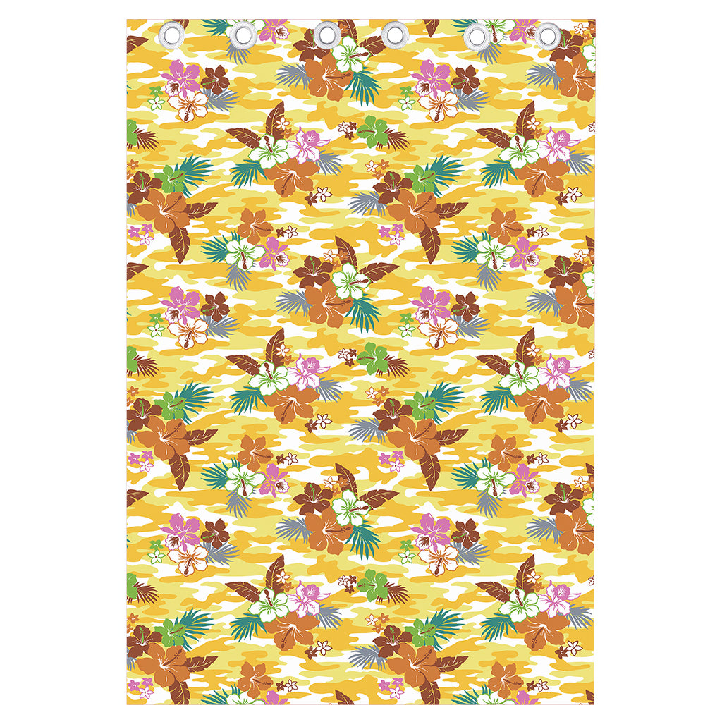 Yellow Camo And Hibiscus Flower Print Curtain