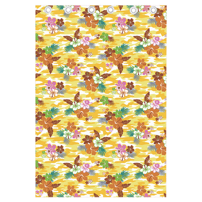 Yellow Camo And Hibiscus Flower Print Curtain