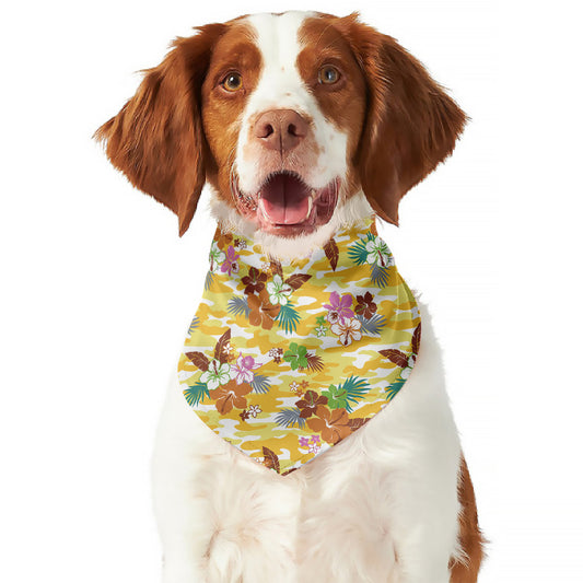 Yellow Camo And Hibiscus Flower Print Dog Bandana