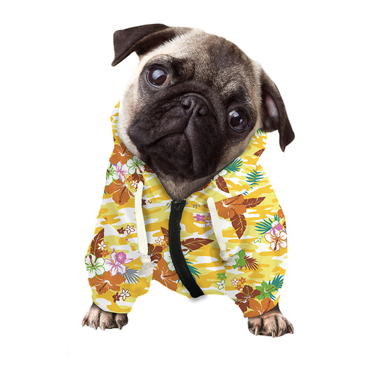 Yellow Camo And Hibiscus Flower Print Dog Zip Up Hoodie