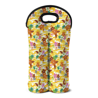 Yellow Camo And Hibiscus Flower Print Double Neoprene Wine Tote