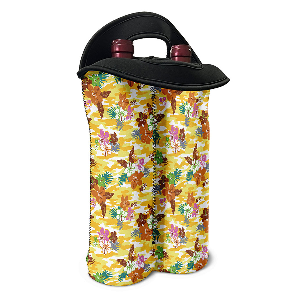 Yellow Camo And Hibiscus Flower Print Double Neoprene Wine Tote