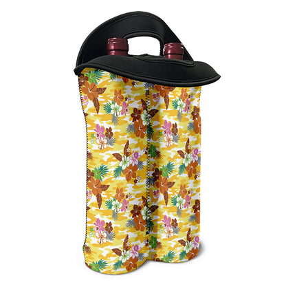 Yellow Camo And Hibiscus Flower Print Double Neoprene Wine Tote