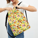 Yellow Camo And Hibiscus Flower Print Drawstring Backpack