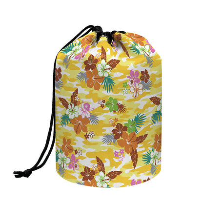 Yellow Camo And Hibiscus Flower Print Drawstring Makeup Bag