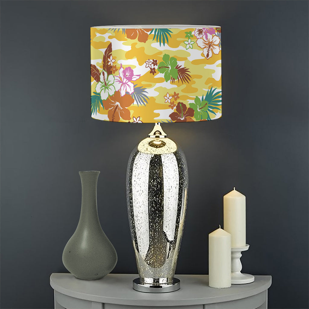 Yellow Camo And Hibiscus Flower Print Drum Lamp Shade