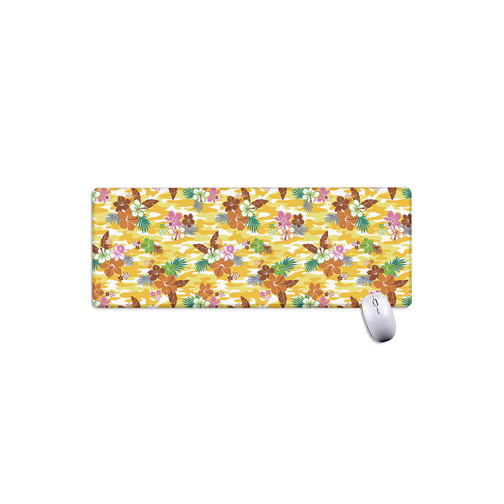 Yellow Camo And Hibiscus Flower Print Extended Mouse Pad