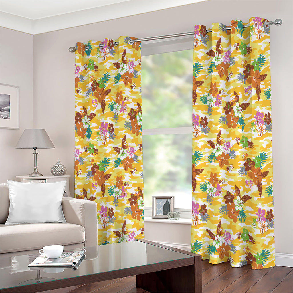 Yellow Camo And Hibiscus Flower Print Extra Wide Grommet Curtains