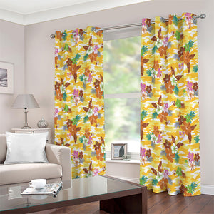 Yellow Camo And Hibiscus Flower Print Extra Wide Grommet Curtains