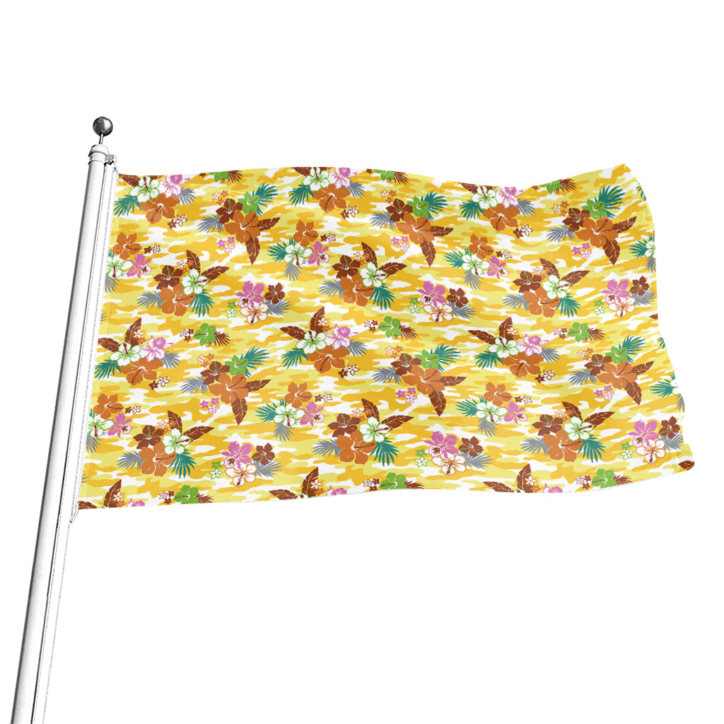 Yellow Camo And Hibiscus Flower Print Flag