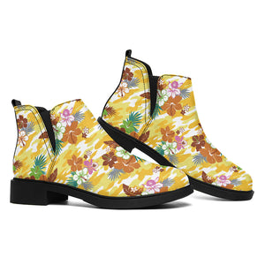 Yellow Camo And Hibiscus Flower Print Flat Ankle Boots