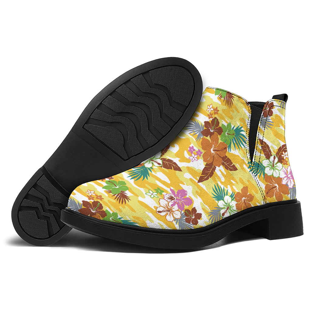 Yellow Camo And Hibiscus Flower Print Flat Ankle Boots