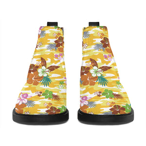 Yellow Camo And Hibiscus Flower Print Flat Ankle Boots