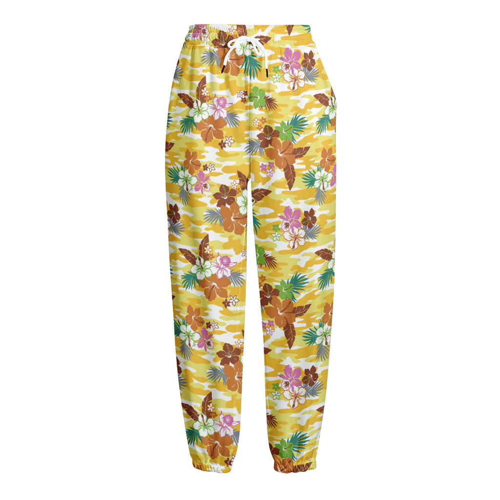 Yellow Camo And Hibiscus Flower Print Fleece Lined Knit Pants
