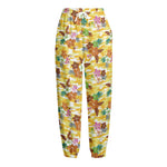 Yellow Camo And Hibiscus Flower Print Fleece Lined Knit Pants
