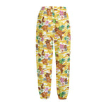Yellow Camo And Hibiscus Flower Print Fleece Lined Knit Pants