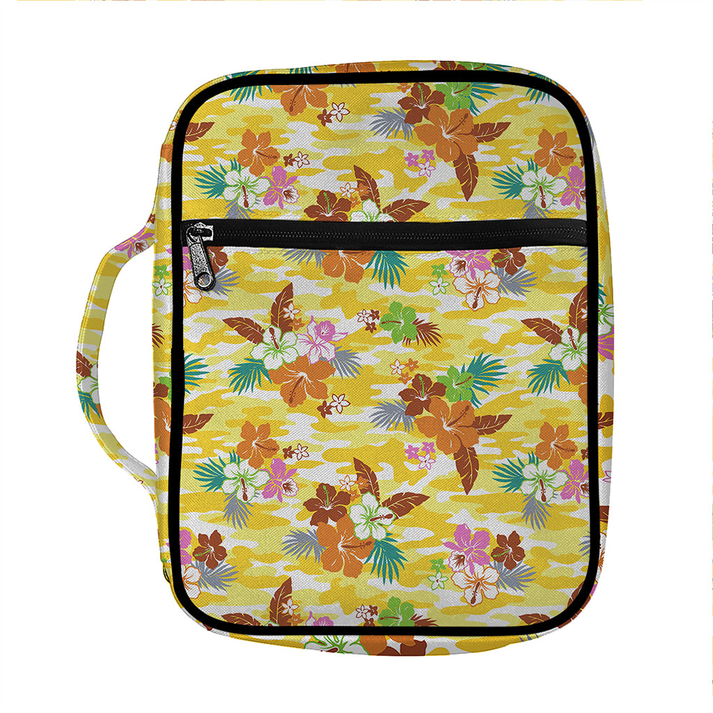 Yellow Camo And Hibiscus Flower Print Front Pocket Bible Bag