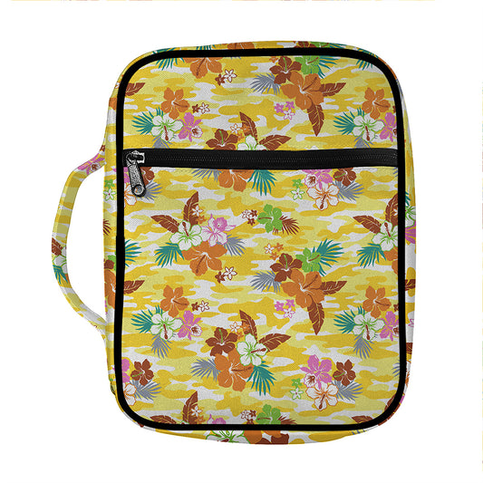 Yellow Camo And Hibiscus Flower Print Front Pocket Bible Bag