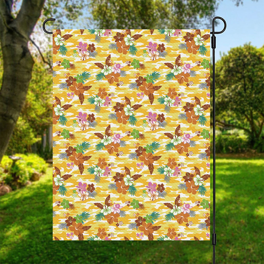 Yellow Camo And Hibiscus Flower Print Garden Flag