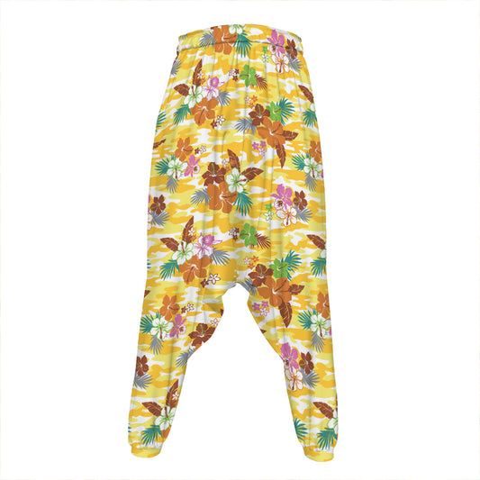 Yellow Camo And Hibiscus Flower Print Hammer Pants